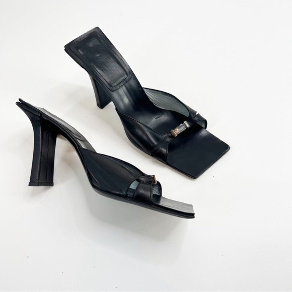 Cesar Paciotti Vintage Y2K Square Toe Black Leather Logo Heels, Size 10